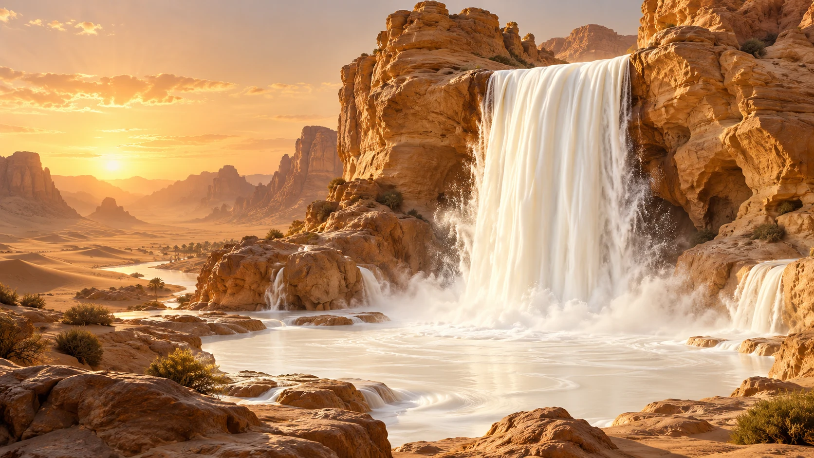 An artistic desert landscape with a creamy milk waterfall and golden sandstone cliffs